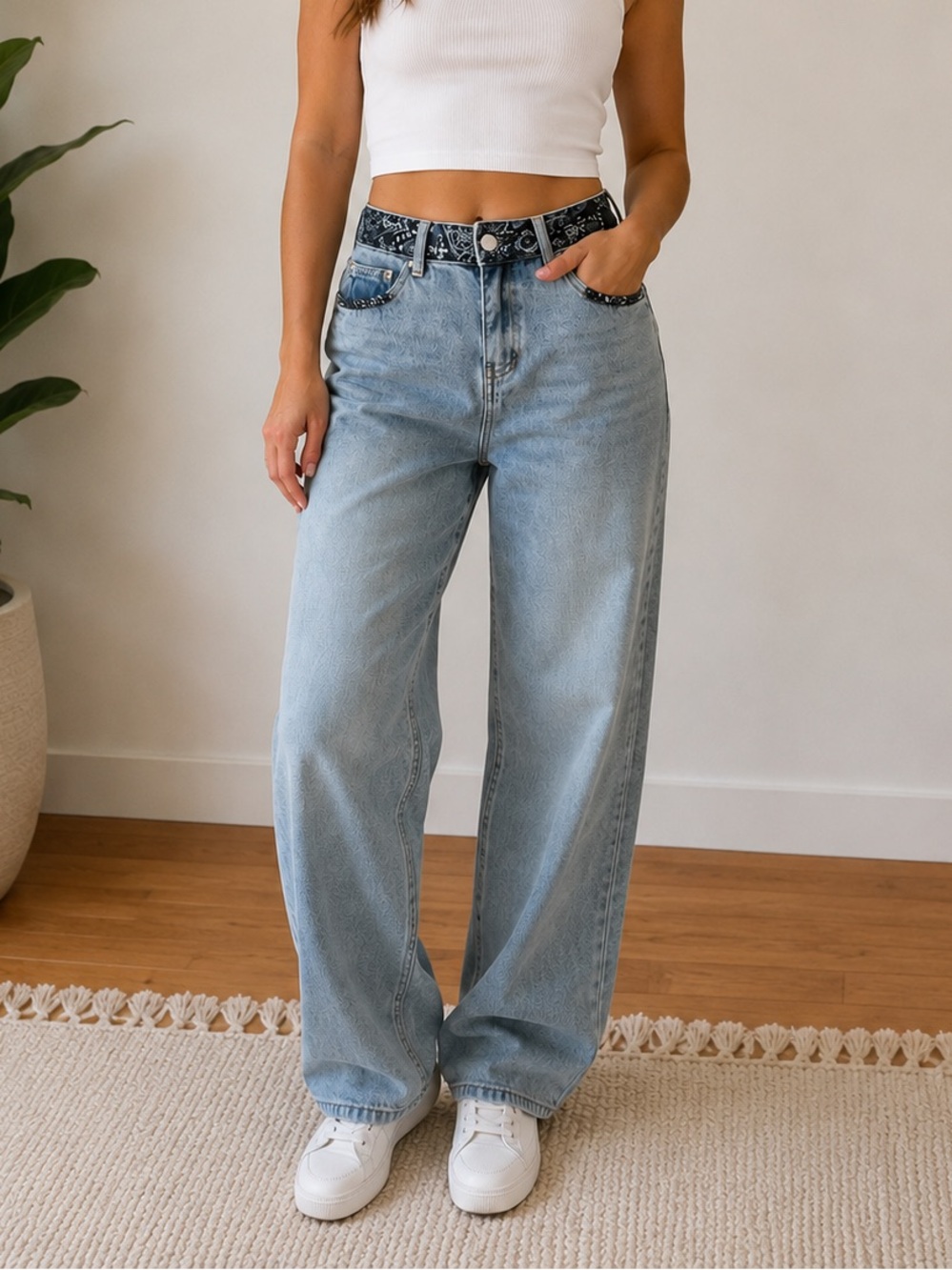 Edikted Light Wash Wide Leg Jeans Bandana Waistband 100% Cotton Women’s Size M